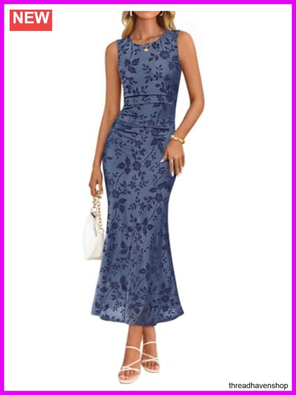 Sleeveless Floral Bodycon Maxi Dress with Ruched Waist, Mesh Overlay, Mermaid